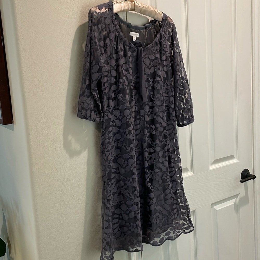 Garnet Hill. Beautiful gray lace over silky lining semi-formal cocktail dress.